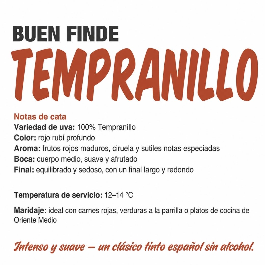 Buen Finde® Vino Sin Alcohol 0,0% Tinto Tempranillo | Pack 6 Botellas x 750 ml | Vino Desalcoholizado Premium | Bajo en calorías, vegano, equilibrado y afrutado