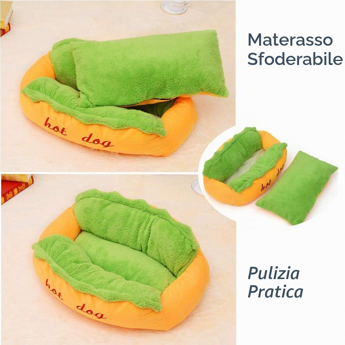 Hotdog, cuccia per cani e gatti, lavabile, tappetino rimovibile