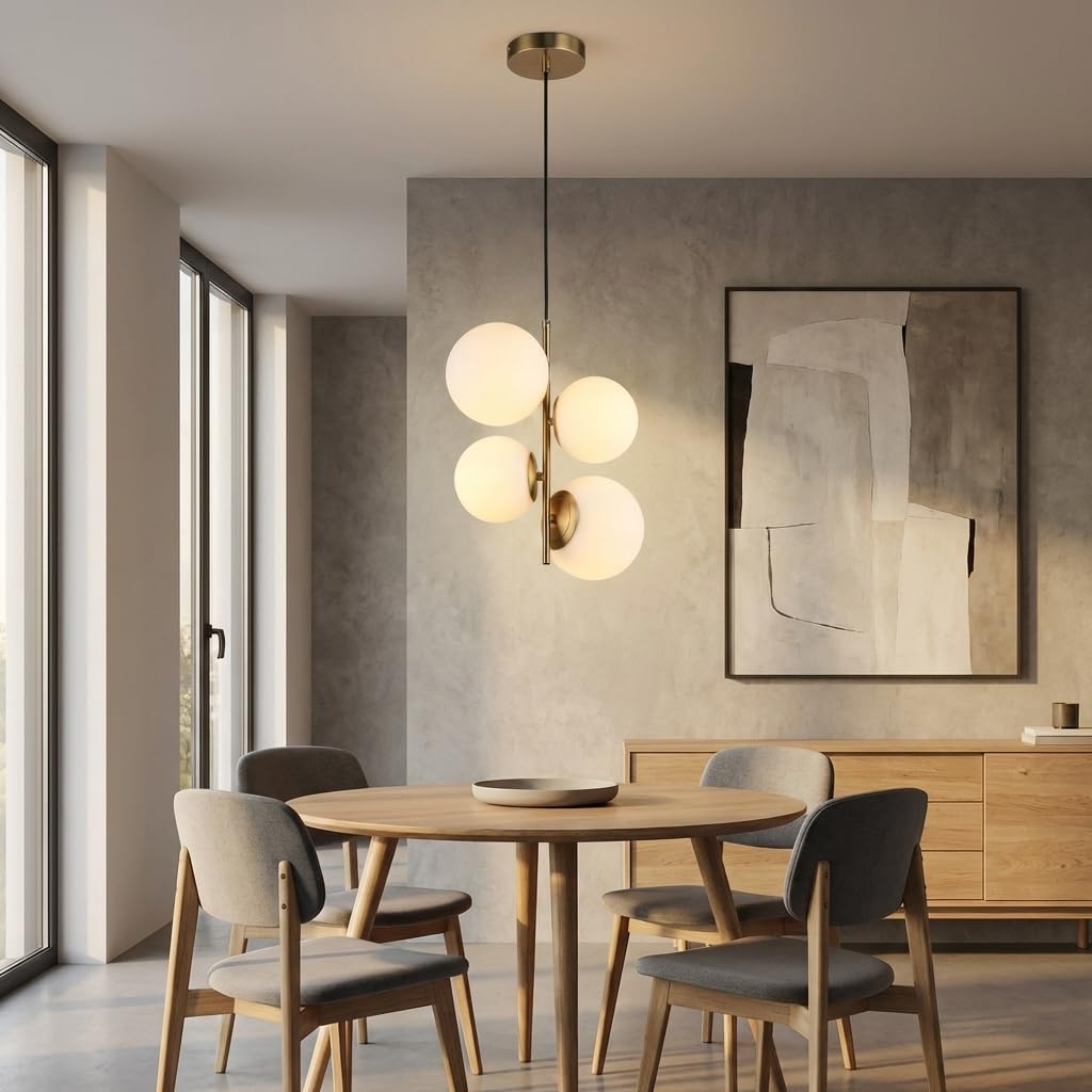 BARCELONA LED Lampadario a Sospensione con 4 Sfere in Vetro Opalino Bianco, Corpo in Metallo Oro/Rame, Moderno e Retrò, Ideale per Camera, Ufficio, Scale, Sala da Pranzo, Caffè, Ingresso