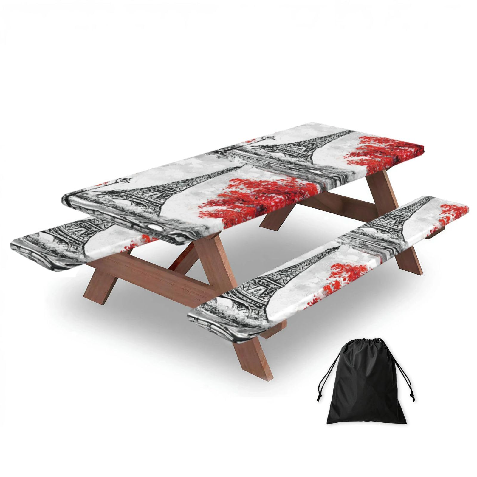 Yqxwjl Black Paris Print Camping Essentials Waterproof Camping Table And Bench Cover With Drawstring Bag 183 Cm