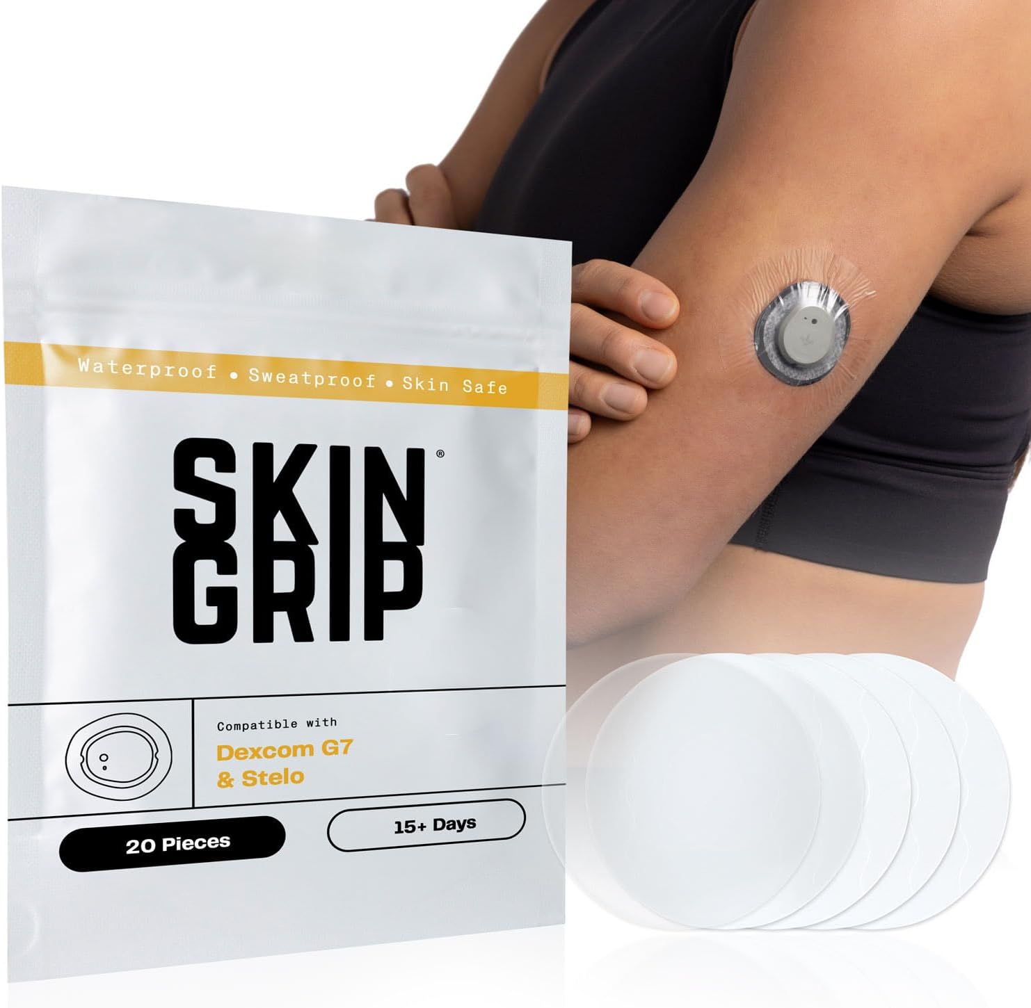 Skin Grip Adhesive Patches Compatible with Dexcom G7 & Stelo CGM Sensors | Waterproof & Sweatproof Cover for Continuous Glucose Monitor Sensor, Strong Hold, 15+ Days of Grip, 20 Pack, Clear
