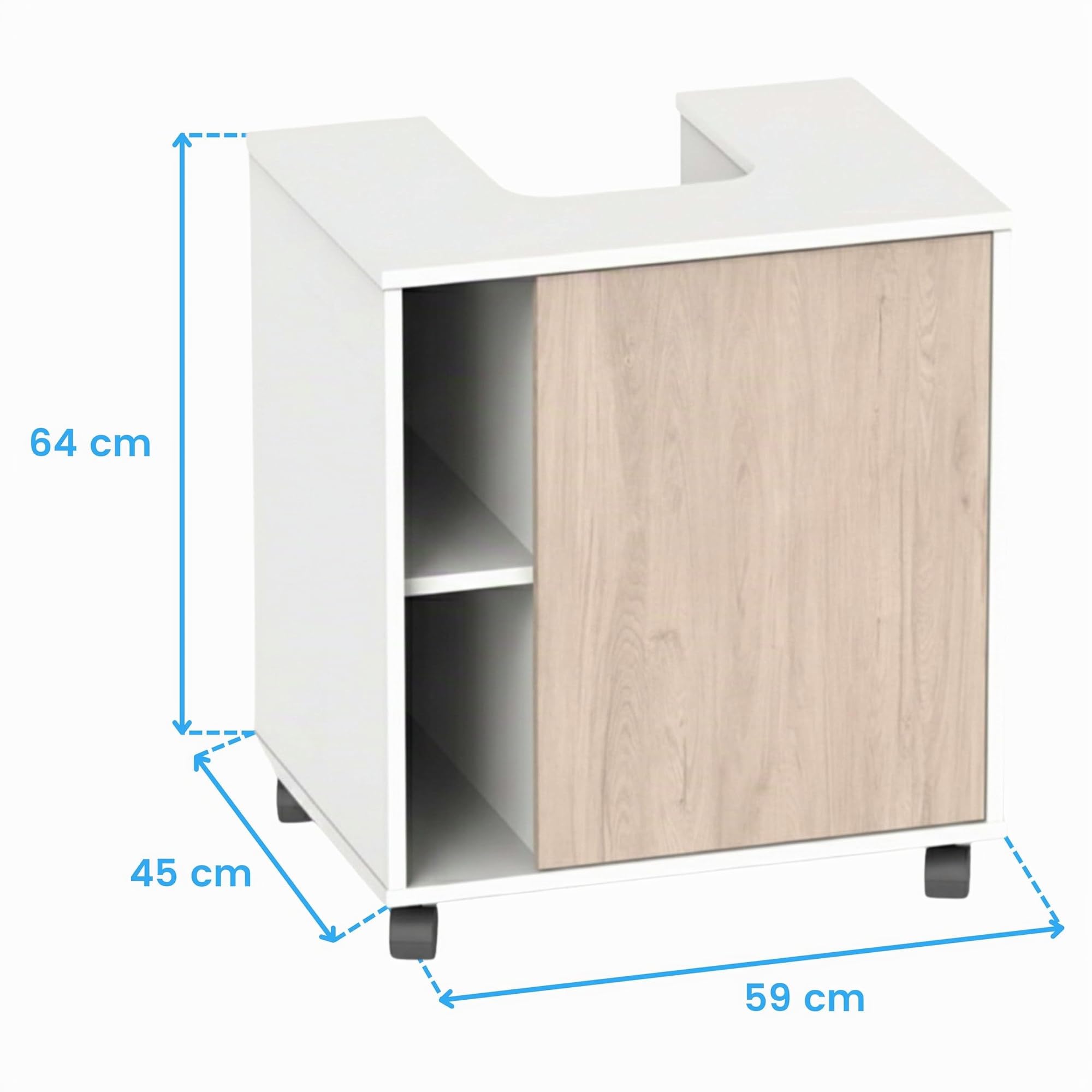 MUEBLES PITARCH | Mueble Bajo Lavabo Armario de Baño 60cm Ancho, con Ruedas, 1 Puerta a Izquierda o Derecha, Blanco y Roble Aurora, Modelo Sintra
