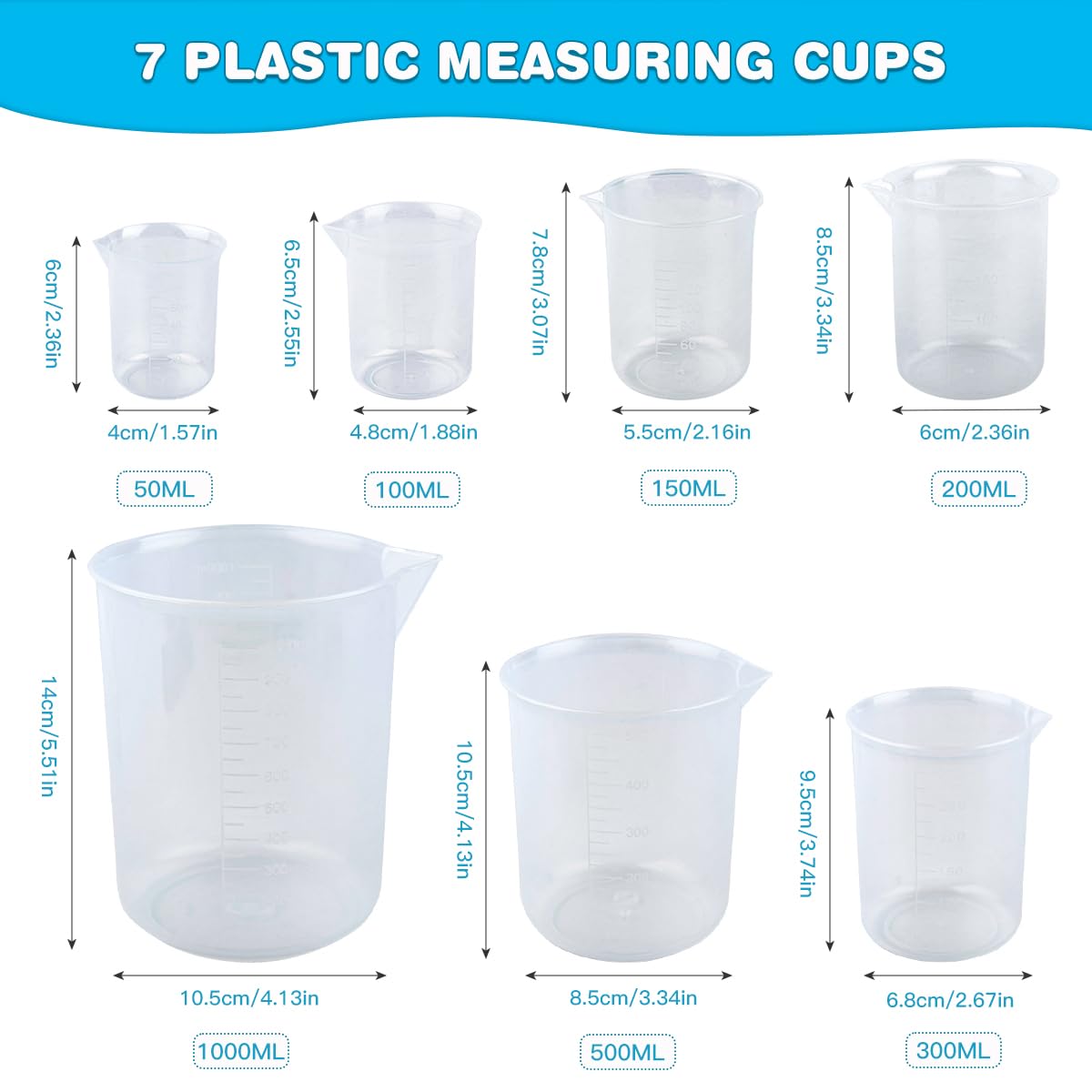 Set Da 7 Misurini E Cucchiai Dosatori Con Contagocce In Silicone - Tazze Graduate In Plastica PP Da 25ml A 1000ml, Strumenti Di Misura Per Cucina E Laboratorio - 3