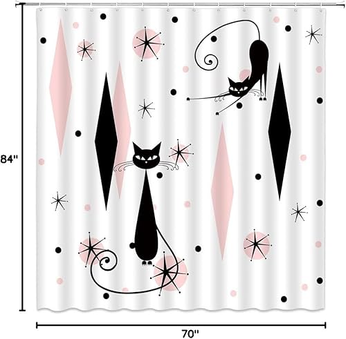 Miniatura 41 de GCTNBJL Cortina de ducha geométrica moderna de mediados de siglo, gato negro, estrellas atómicas, abstracto, rosa, negro, geométrico, retro, de los