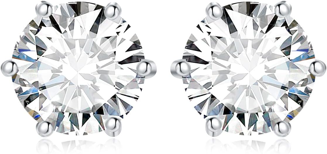 JewelryPalaceRound Cut 4-9mm 0.6-6ct Moissanite Solitaire Stud Earrings for Women, 925 Sterling Silver 14k White Gold Plated Earrings for Her, Classic Simulated Diamond Earrings VVS D-F