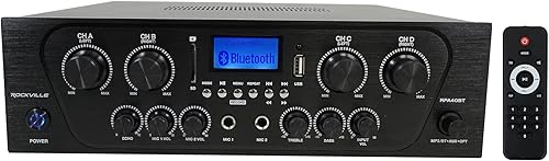 Rockville RPA40BT 1000W Receptor amplificador Bluetooth estéreo para el hogar de 4 zonas, audio multihabitación, entradas RCAUSBSDópticas, mezclador