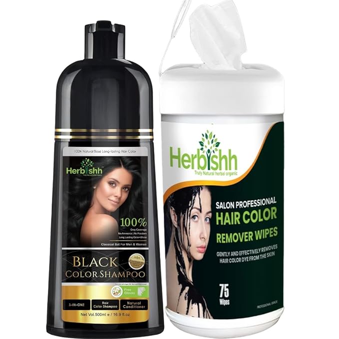 Herbishh Hair Color Shampoo Black 500ml + Hair Color Stain