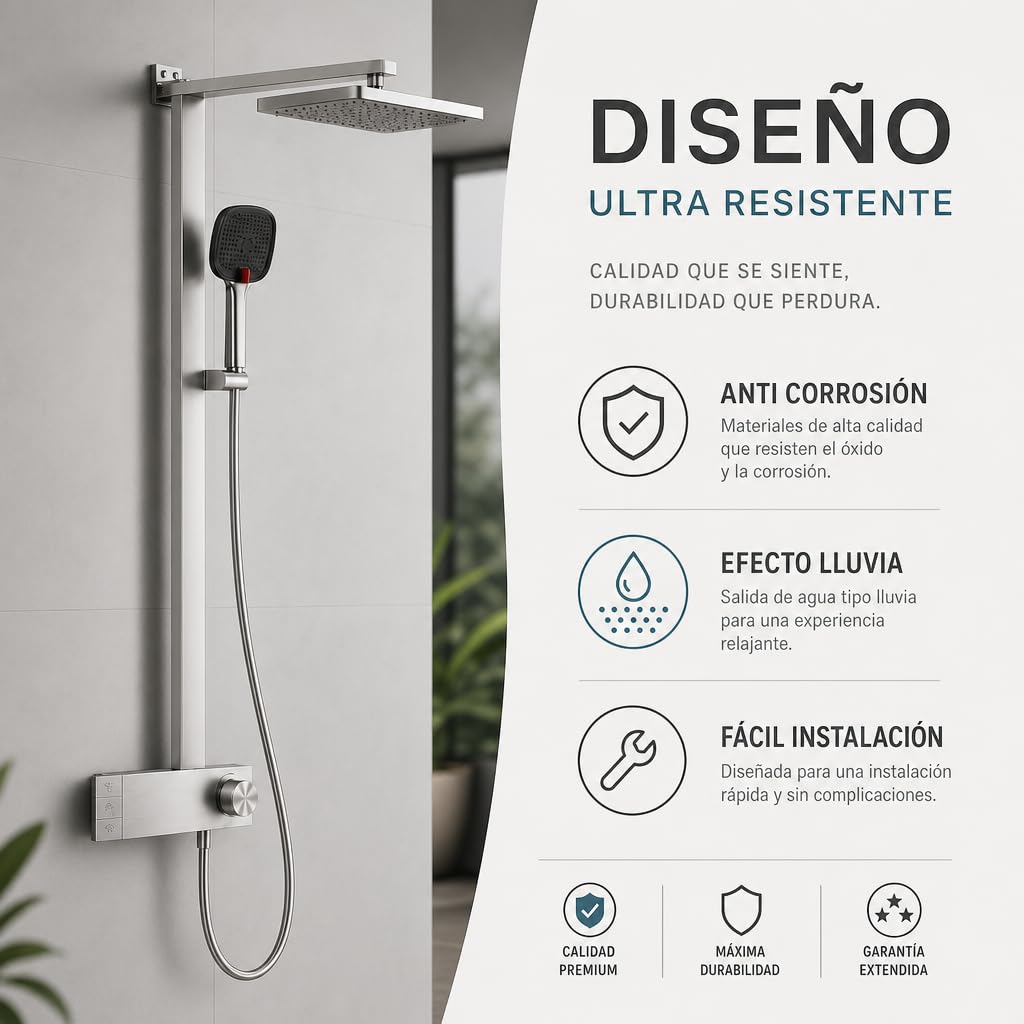 INEX EUROPA Columna de Ducha Negro Gris Titanio Premium Acero Inoxidable 10 Años Garantía - Columna Ducha Cuadrada Efecto Lluvia 3 Modos de Operación - Torre de Ducha 137cm Negro Gris Titanio