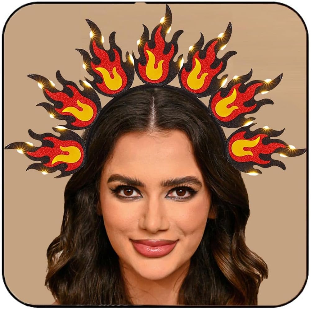 Light Up Fire Headband LED Red Flame Headpiece Halloween Festival Costume Headwear Hair Accessories for Women