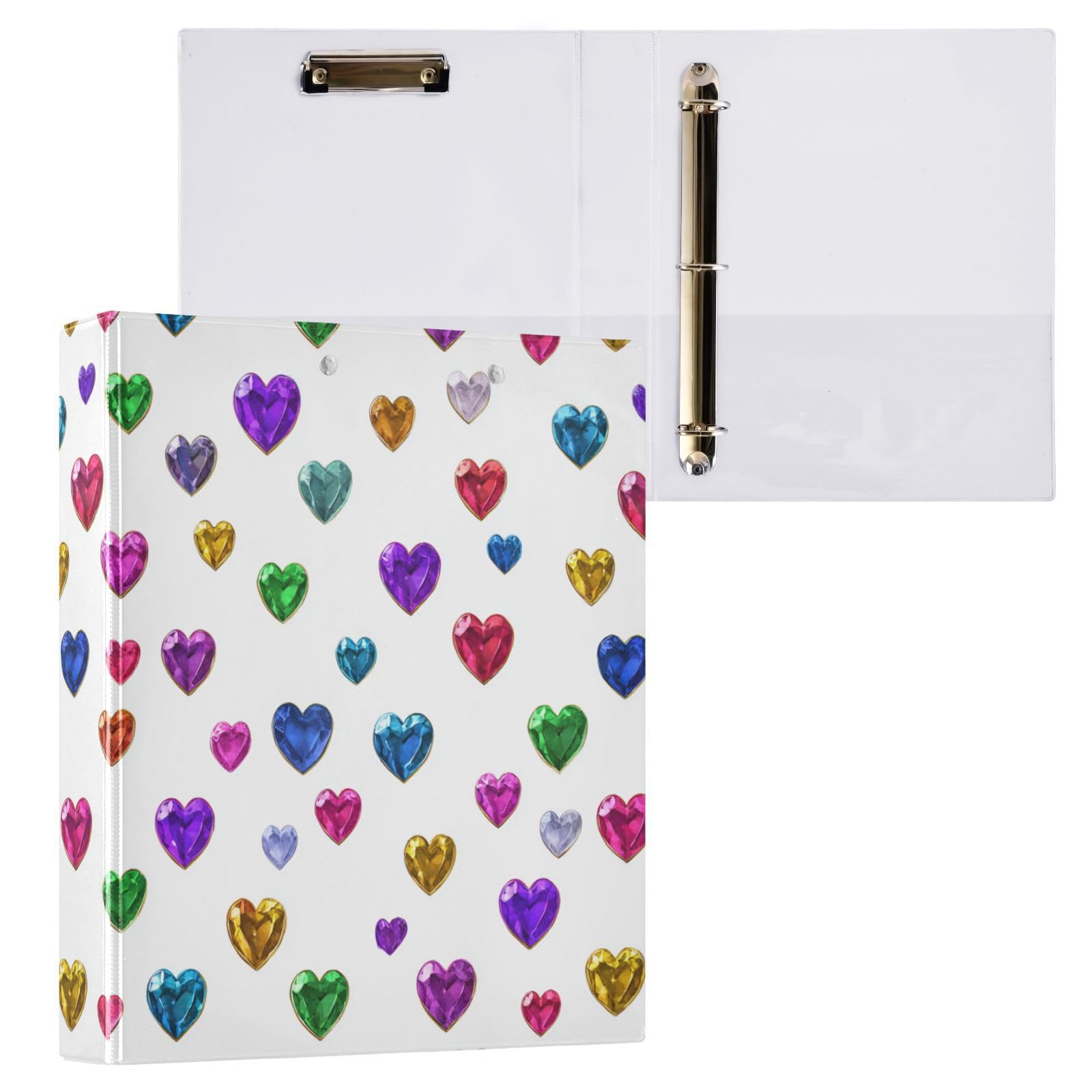Kcldeci Raccoglitore a 3 anelli con copertina rigida, con gemme colorate a forma di cuore, 3,8 cm, 200 fogli, per ufficio, casa, rientro a scuola, confezione da 2