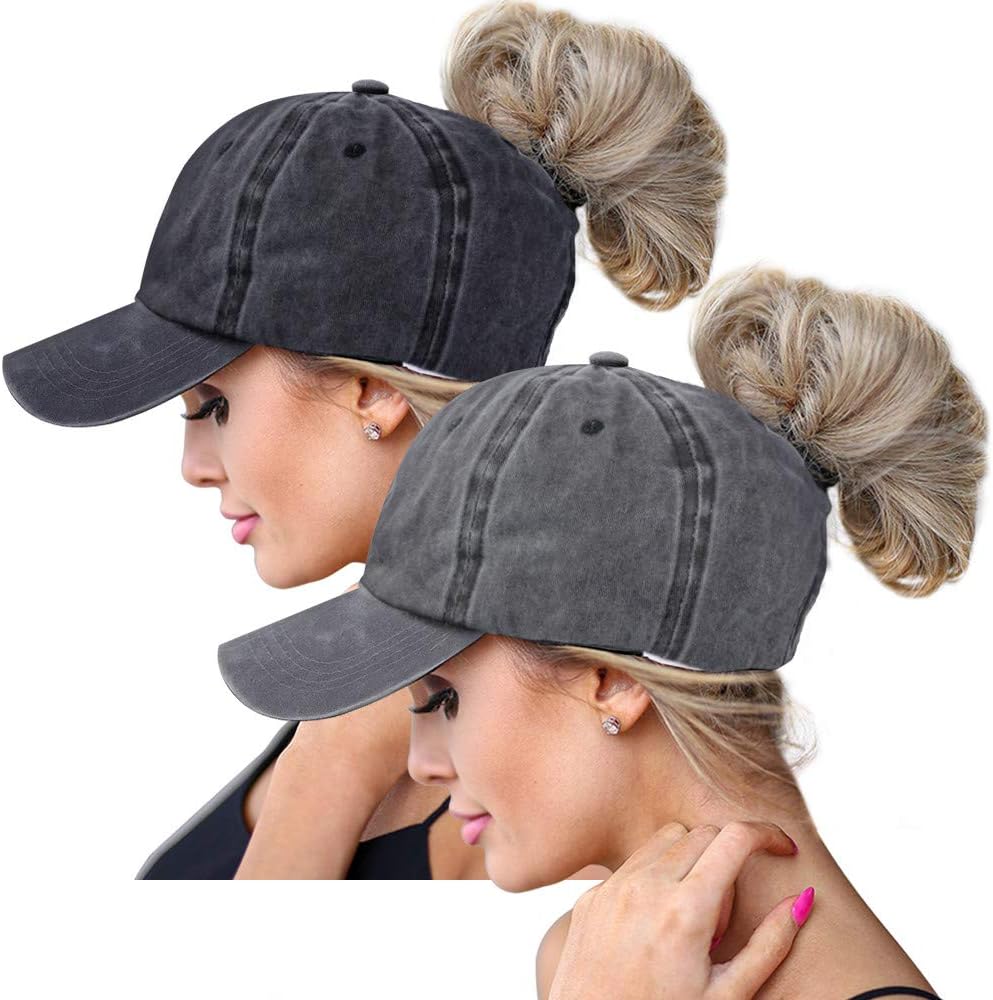 High Ponytail Hole Baseball Hats Cap for Women,Messy Bun Hat Adjustable Cotton and Mesh Trucker Baseball Sun Cap Black (Black/Grey)