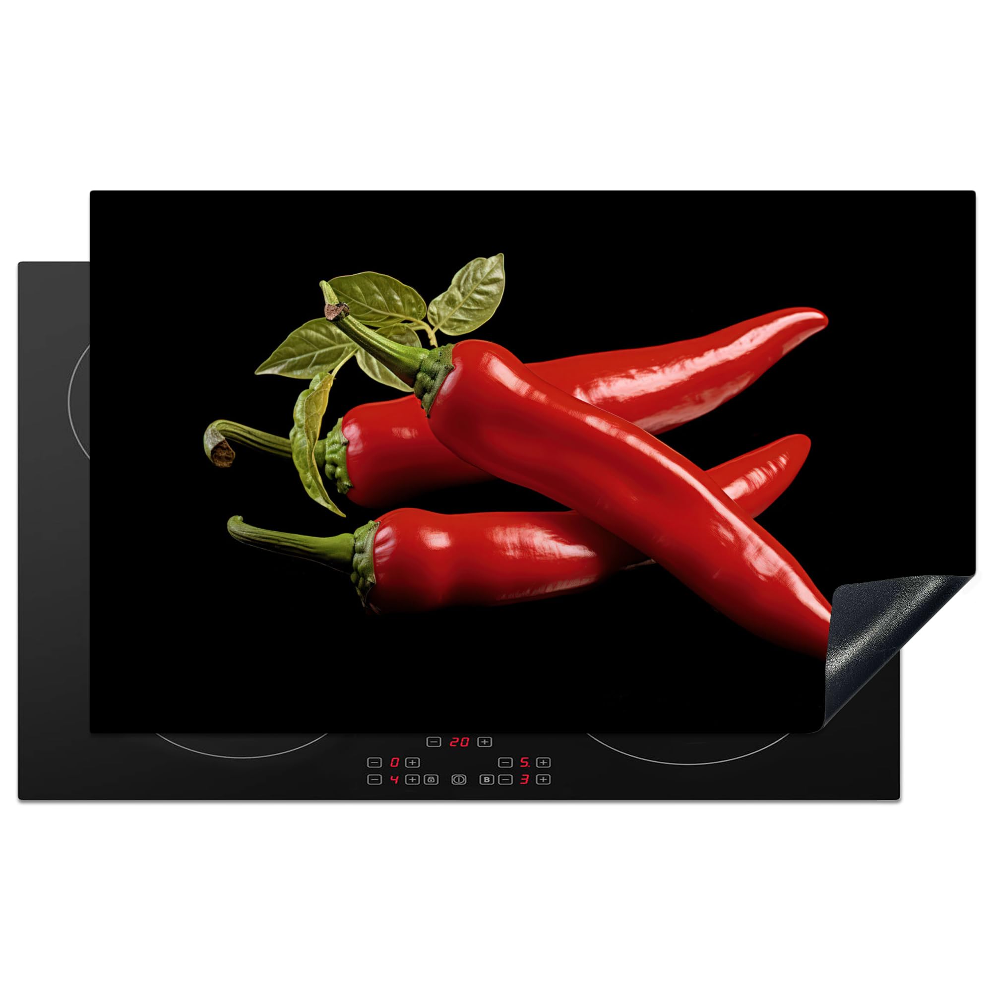 KitchenYeah© Induction Hob Protector Mat 20.3"x32.7" / 83x51.5 cm Cooker Top Protectors Cover Ceramic Covers Electric Hobs Vinyl Red Pepper - Red - Herbs - Spices - Black