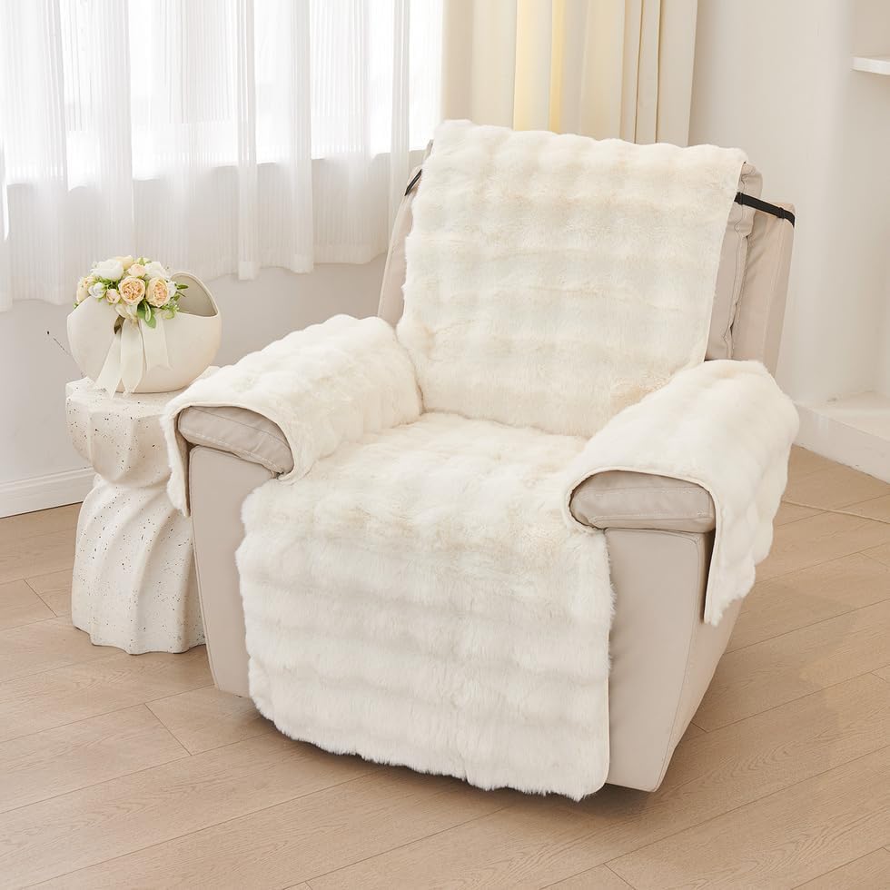 ROOMLIFE Faux Fur Fluffy Recliner Chair Slipcover Faux Rabbit Fur Sofa Cover, Soft Non-Slip Dog Chair Cover Furniture Protector Washable with Pocket, Elastic Straps for Pets, Kids (White 23.6"X 91")