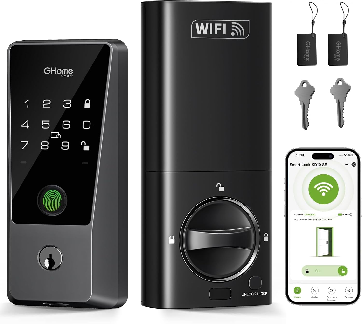GHome Smart Locks for Front Door with WiFi – 6-in-1 Keyless Entry Smart Fingerprint Lock with Keypad, Auto Lock, App Control, Easy Installation, Smart Deadbolt Lock, Airbnb, Rental, Smart Home