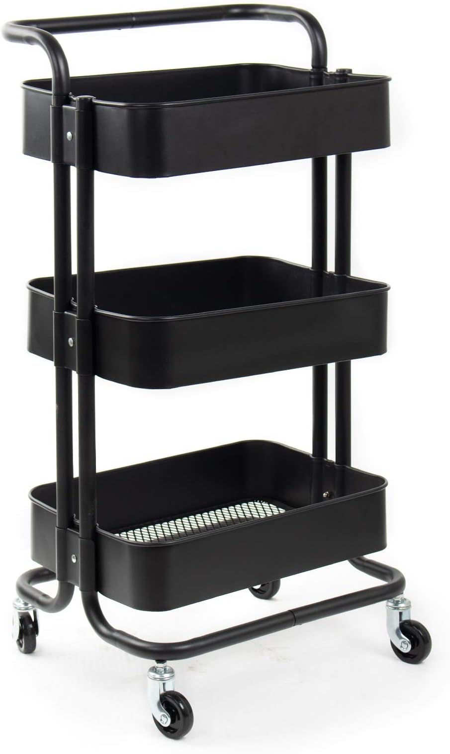 3 Tier Rolling Metal Shelving Utility Storage Cart with Wheels, Organizer Trolley，Suitable for Office，Warehouse，Home Kitchen or Outdoor (Black)