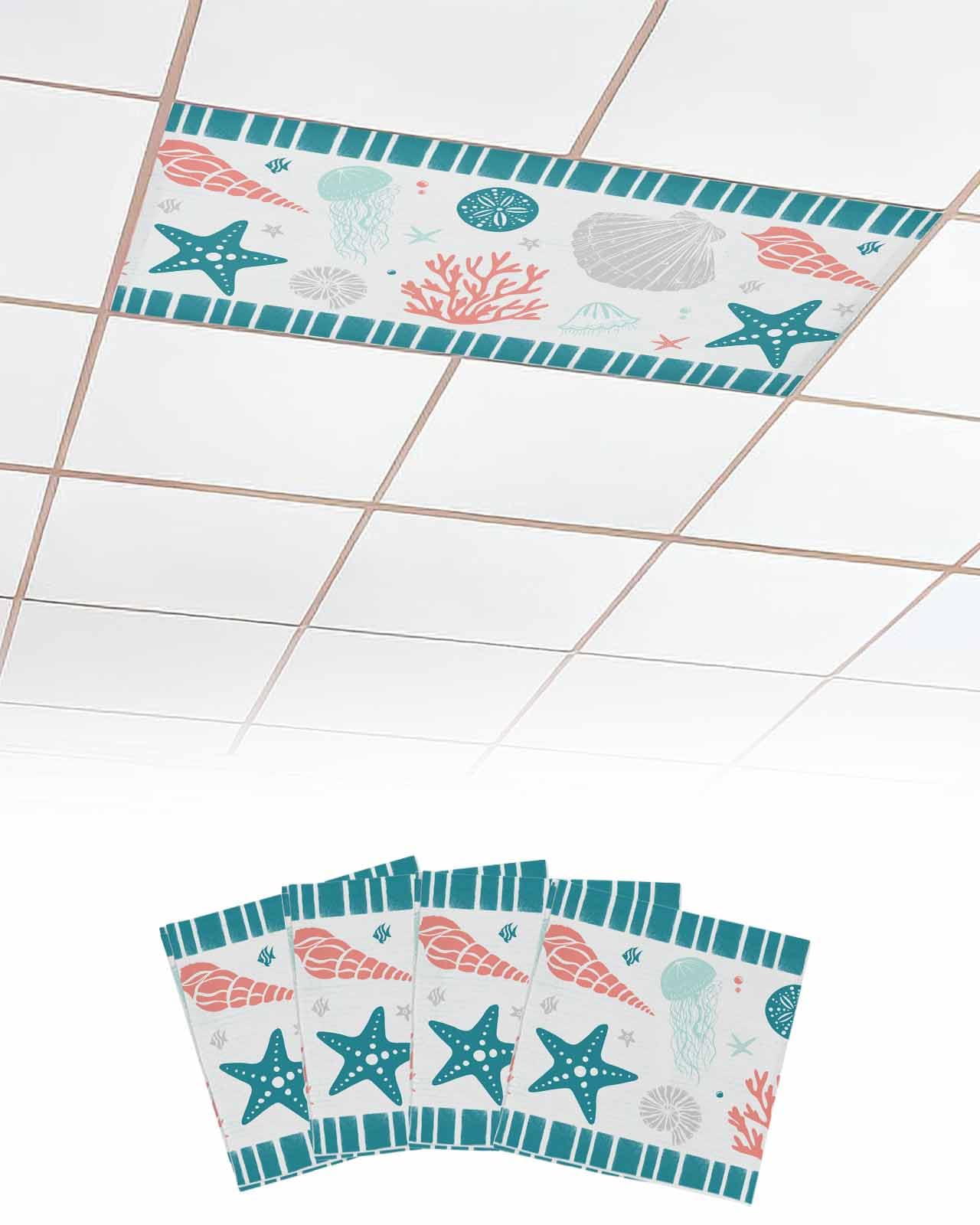 Ocean 4 Pcs Fluorescent Light Covers for Ceiling Lights, Vintage Starfish Coral Shell Jellyfish Turquoise Magnetic Light Filters for Eliminate Harsh Glare Classroom Office Decoration, 4 x 2 Ft