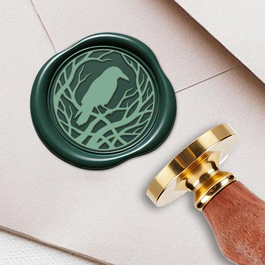 PRESSINART Crow Wax Seal Stamp 0.98 Inch Brass Sealing Wax Stamp Raven Pattern Removable Brass Head Sealing with Wooden Handle for Birthday Wedding Invitation Card Envelope Party Gift Wrap DIY Crafts