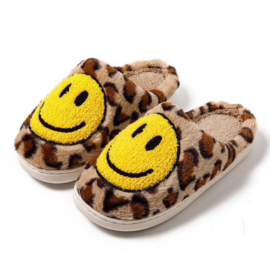 Women's Men's Leopard Print Smiling Slippers,Retro College Style Comfy Warm Plush Slip-On House Slipper for Winter Indoor Soft Cushion Non-slip Fluffy Slides Slippers