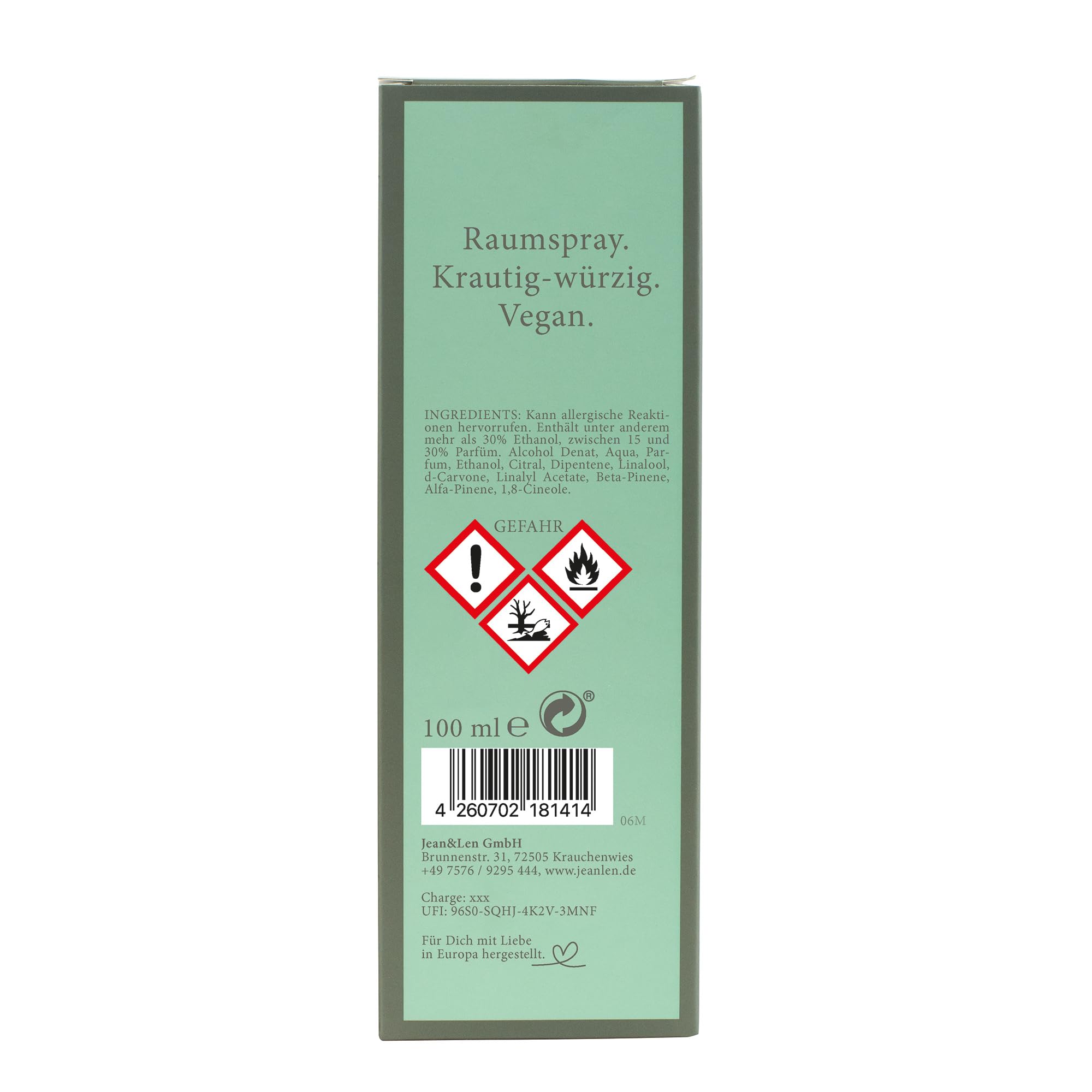 Jean & Len Spray ambientador Rosemary & Ginger, en un frasco de vidrio sencillo, para un aroma especiado y fresco, spray ambientador, aroma unisex a romero y jengibre, vegano, 100 ml