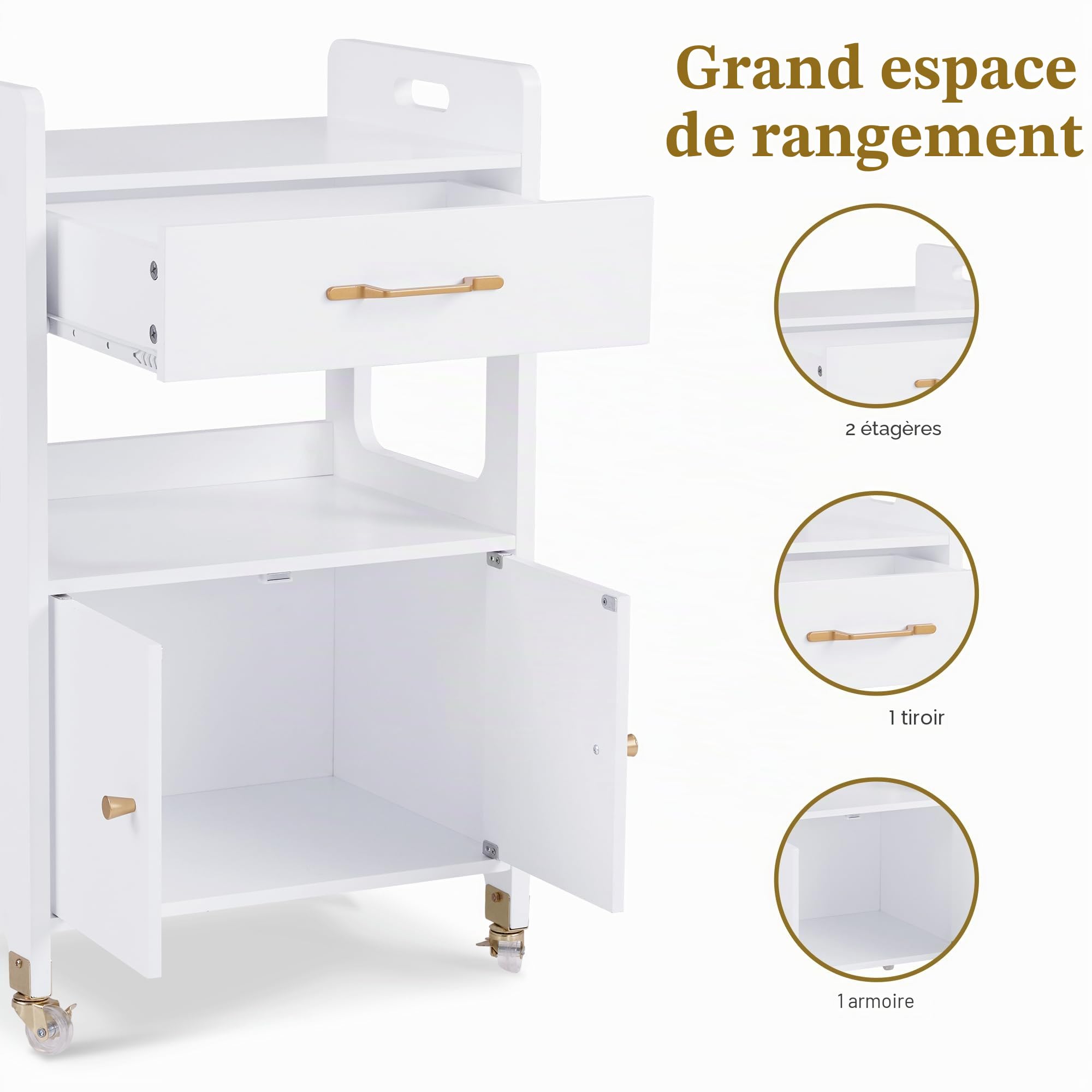 M MCombo Chariot de service avec roues et tiroirs, chariot de coiffure blanc, avec 2 étagères, trolley de salon pour salle de bain, salon, 0055-N