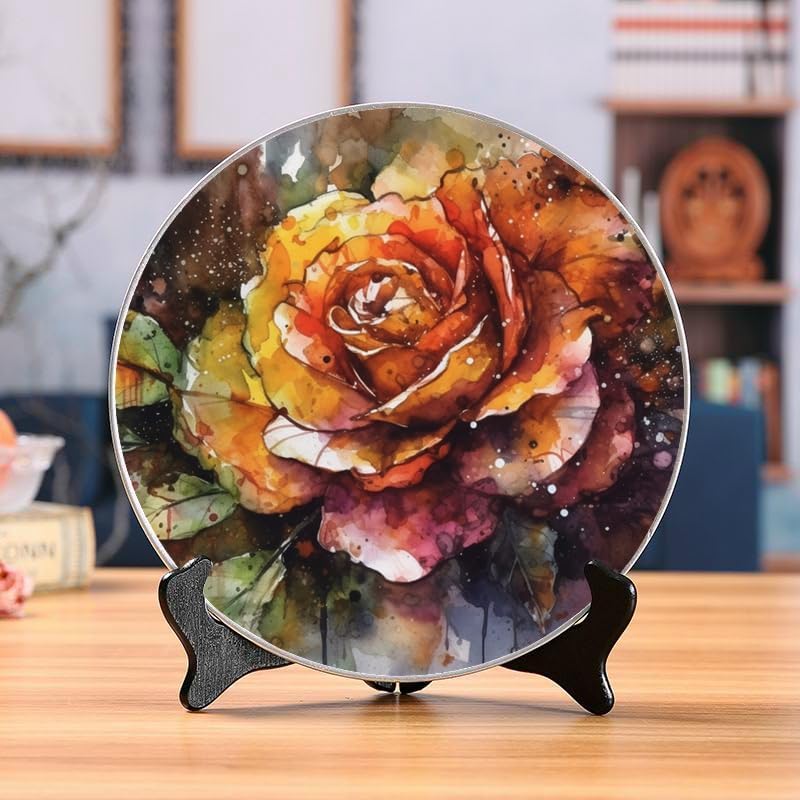 Rose 10-inch Ceramic Plate for Wall Display or Tabletop, with Stand & Hook DP-192950287
