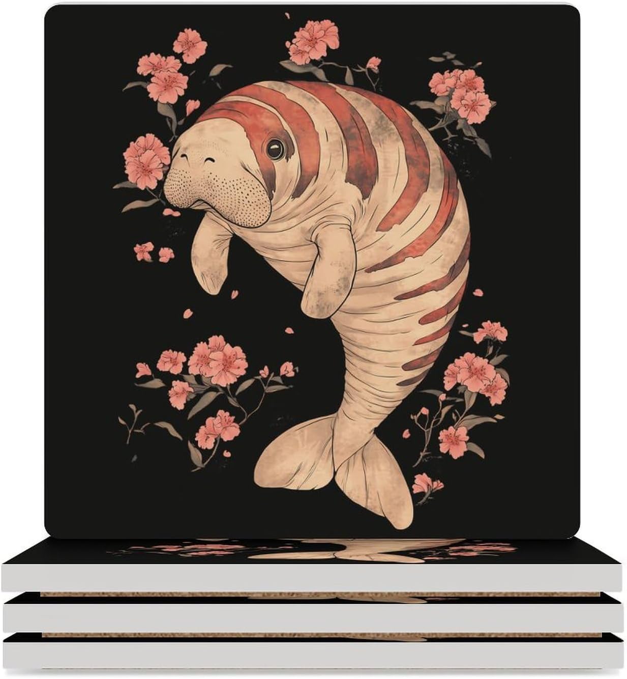 Vintage Manatee Ocean Ceramic Coasters Square Drinks Coaster Coffee Table Decor Table Coaster for Home Bar