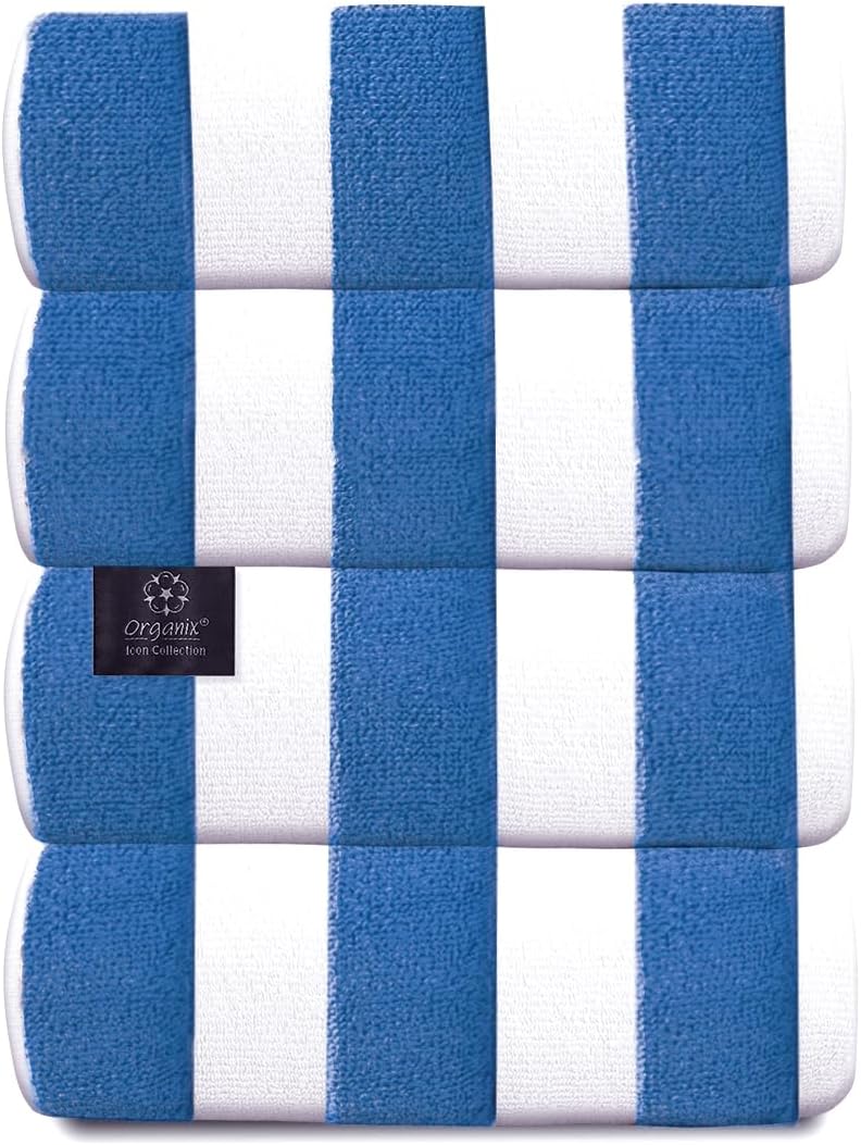 Organix Cabana Striped Beach Towel 30"x60", Large Highly Absorbent Pool Towels, Ringspun Cotton 4 Pack Bathroom Adult Luxury Beach Towels, Quick Dry Lightweight - Sky Blue