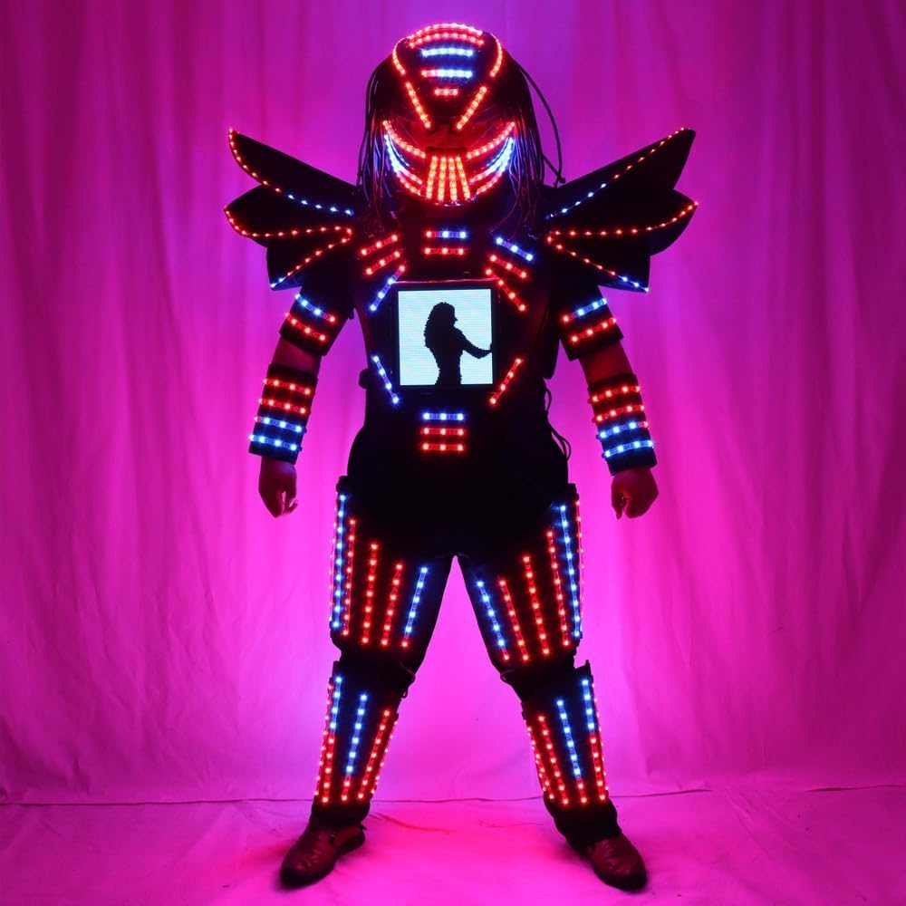 Earthradius Pixels - Traje de robot con luces LED, cambio de color, espectáculo de escenario, fiesta, actuación, casco