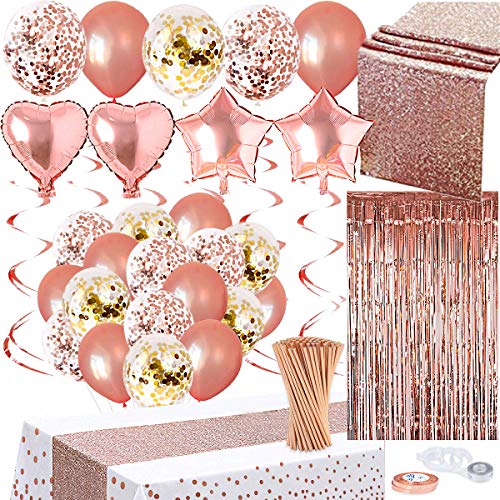 Funnlot 80PCS Rose Gold Party Decorations Pack Rose Gold Birthday Decorations Rose Gold Runner Party Decorations with Rose Gold Birthday Balloon Rose Gold Heart Star Balloon Foil Gold Confetti Birthday Balloons Rose Gold Hanging Swirls Tablecloth Run