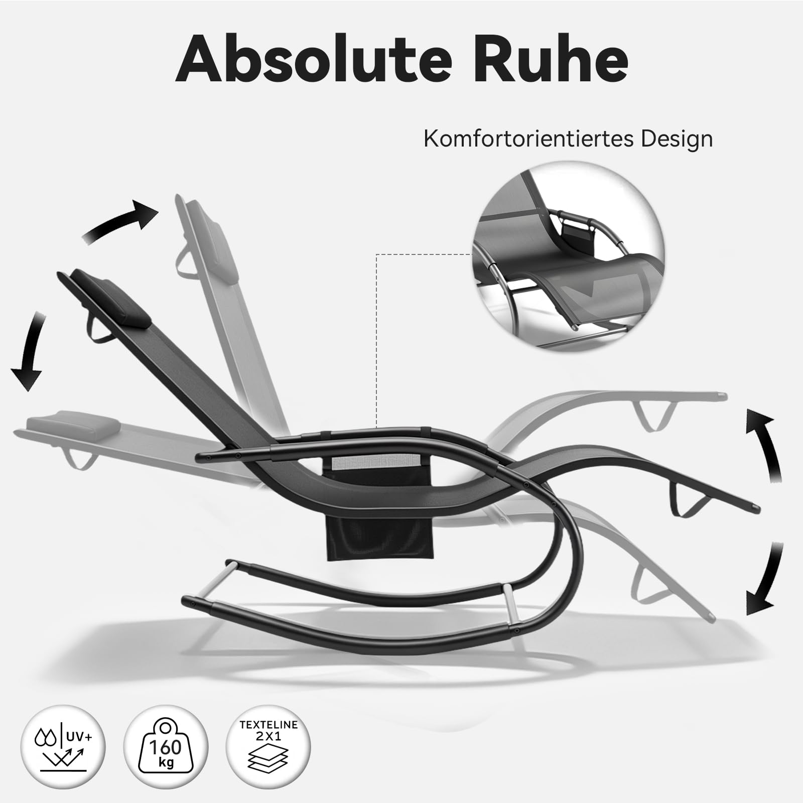Aoxun Schaukelstuhl Schwingsessel Gartenstuh Inklusive Kopfstützen- und Seitenablagefach Schaukelliege Metall Mesh schaukelstuhl Wohnzimmer für Hof, Garten, Balkon, 148 x 63 x 84 cm, Schwarz
