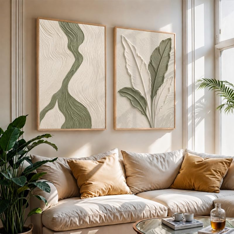 Image of NoWorries Textured Botanical Leaf Wall Painting Set of 2 with Frame | Sage Green & Beige Abstract Nature Artwork, Minimal Modern Wall Decor for Living Room, Bedroom, Office and Home Decoration (Art-1, 17x25inch)