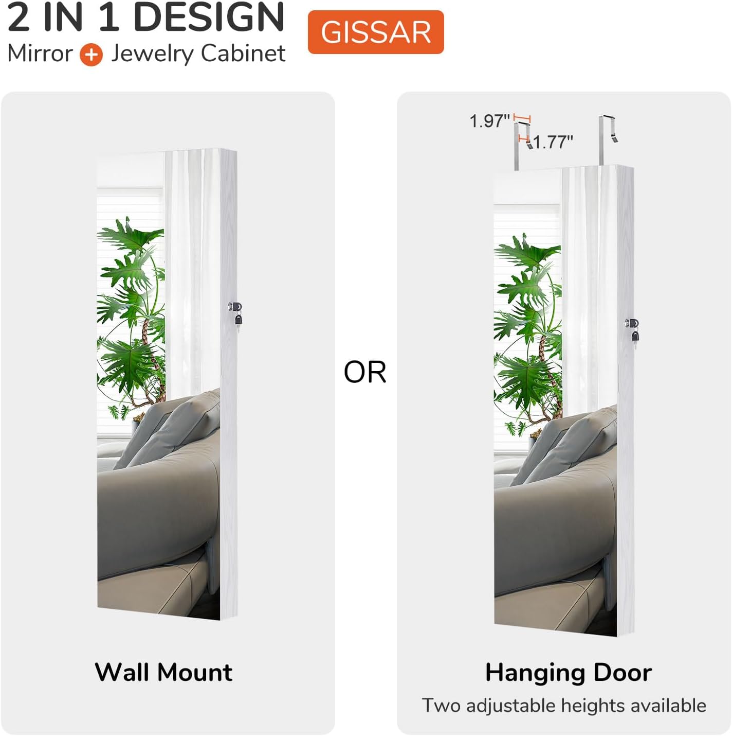 GISSAR Full Length Mirror Jewelry Cabinet, 6 LEDs Jewelry Armoire Wall Mounted Over The Door Hanging, Jewelry Organizer Storage with Lights Lockable White - Image 6