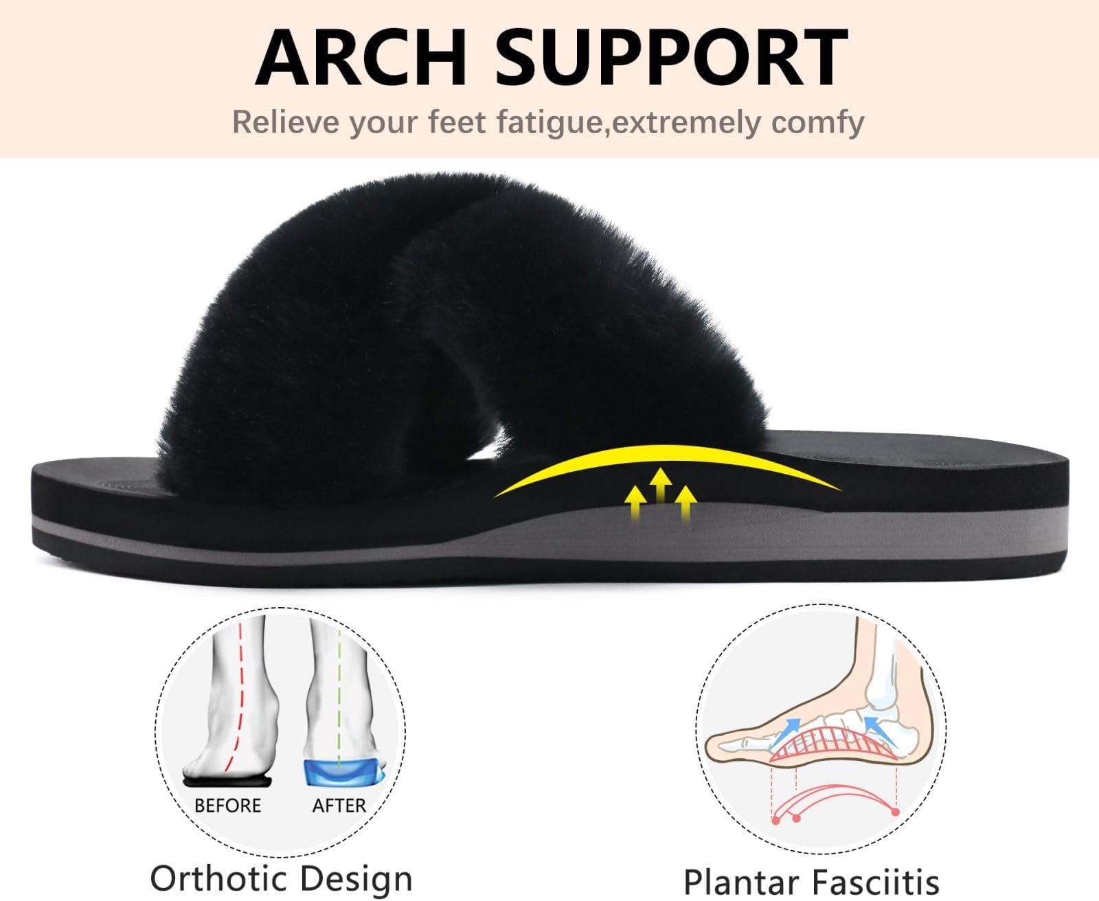 COFACE Womens Fuzzy Slides Fluff Fax Fur Cross Slippers Open Toe Yoga Mat House Slippers Sandals With Arch Support For Indoor/Outdoor