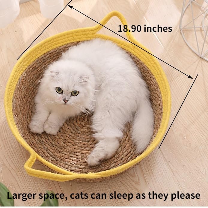 review Cat Basket Bed - Large Round Rattan Woven Beds for Indoor Cats and Small Dogs Bucket Nest for Your Pet to Cuddle, Cute Circle Baskets for Kitty (Yellow-Only Nest,Medium)