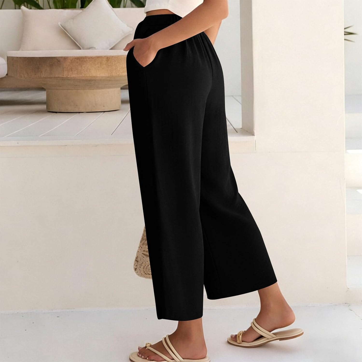 Women's Capri Pants Wide Leg Drawstring Elastic Waist Casual Cropped Pants Summer Beach Vacation Clothes Outfits