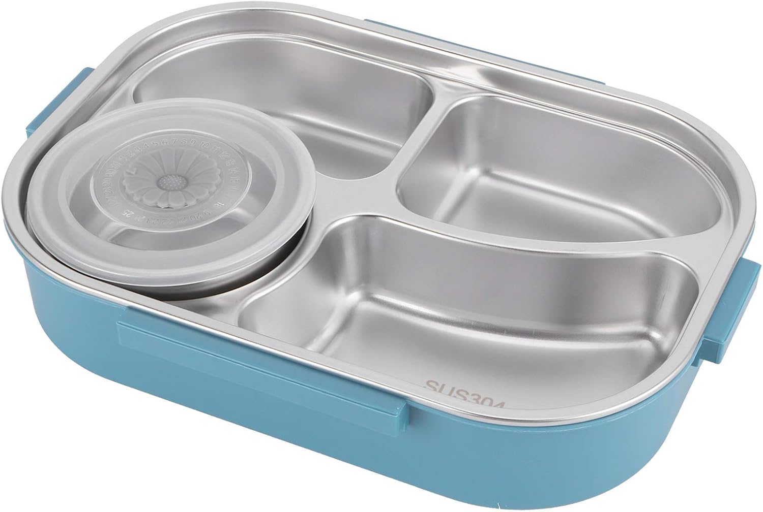 Yosoo Stainless Steel Lunch Box, 4 Grid Portable Box, Food Storage Container, Good Sealing Performance, Includes Spoons and Chopsticks (Four grid lunch box with soup bowl: blue)