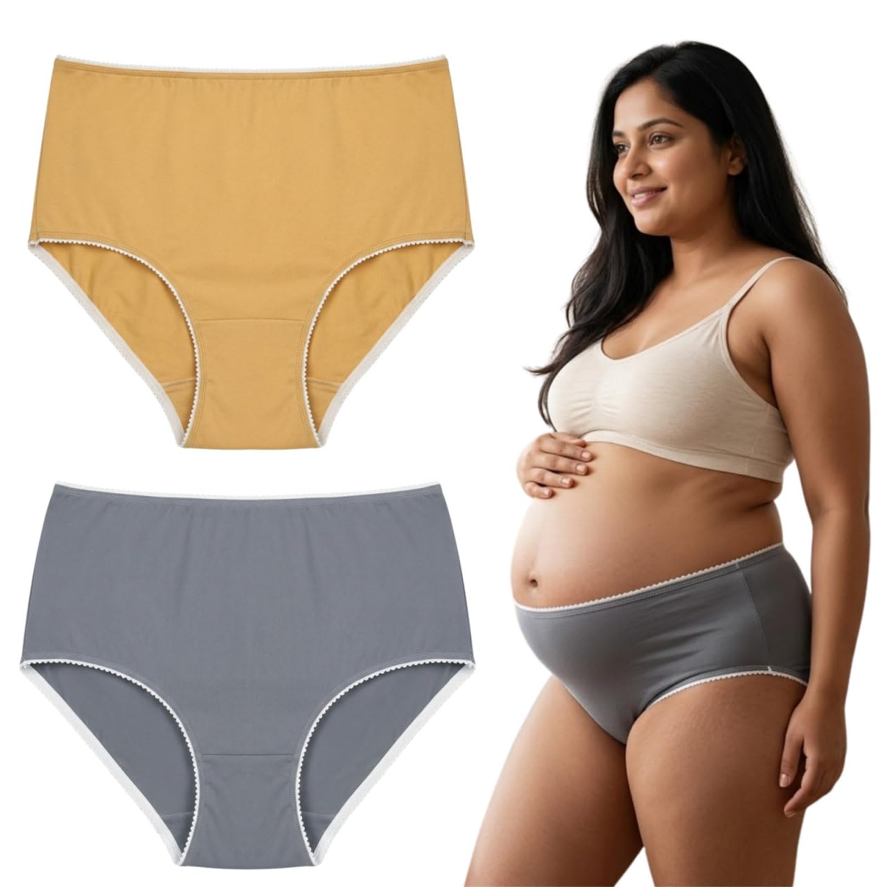 Maternity Cotton Panty Pack of 2 for Women | Soft & Breathable Pregnancy Underwear | Stretchable Waistband for Baby Bump Support | Yellow & Grey | Comfortable-image-22