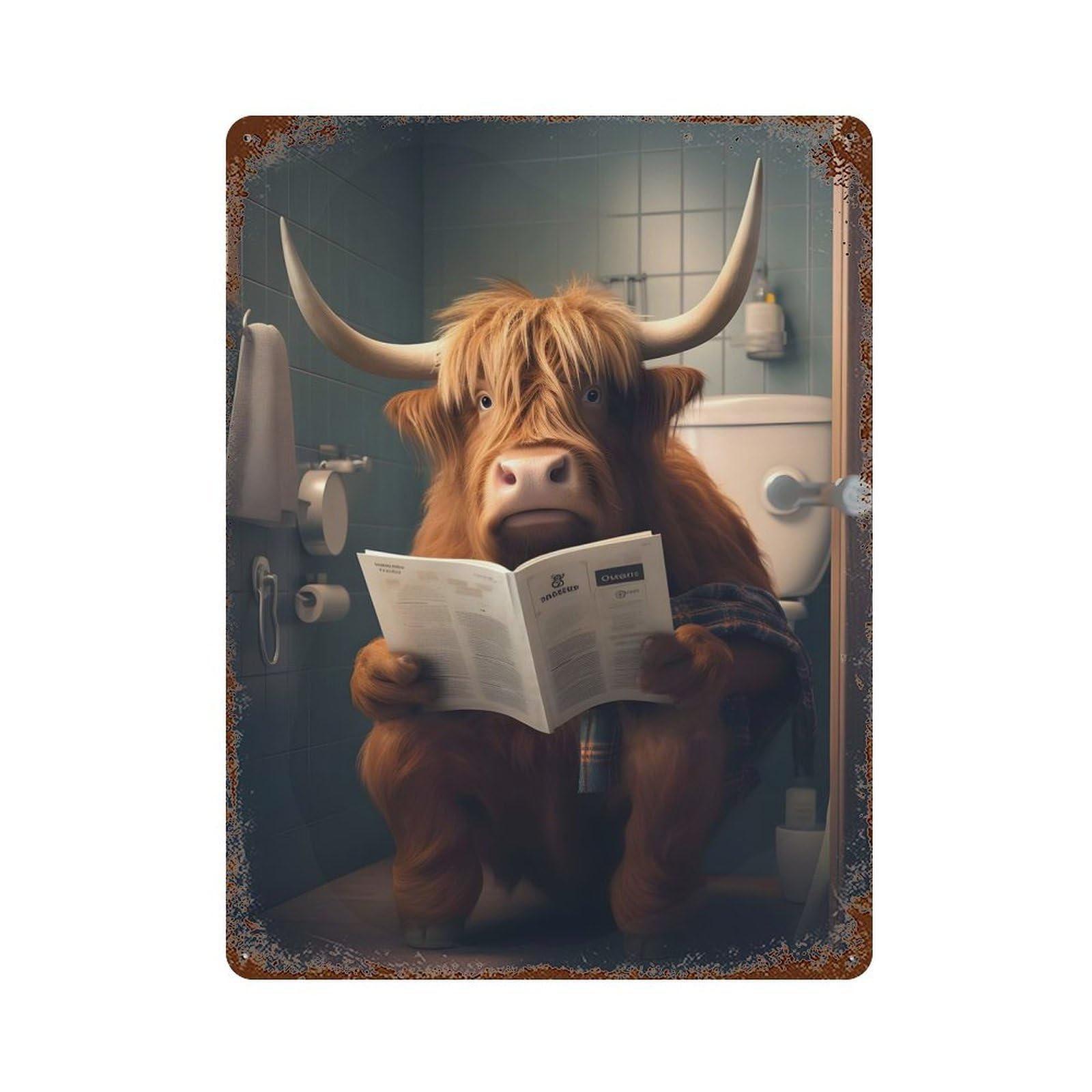 Highland Cow on The Toilet Rusty Metal Tin Sign 15.7"x11.8", Vintage Wall Decor for Garage, Pub Or Kitchen