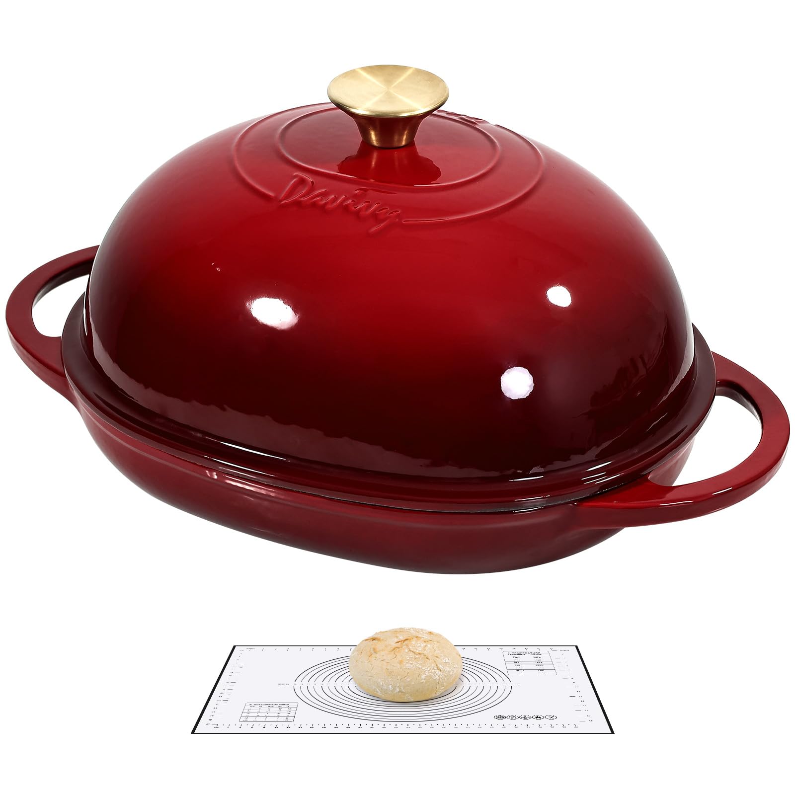 Davivy Forno olandese ovale in ghisa smaltata da 5,5 l, per pane a lievitazione naturale, pentola olandese con coperchio a cupola, pentola per il pane in ghisa (rosso rubino, con tappetino in silicone