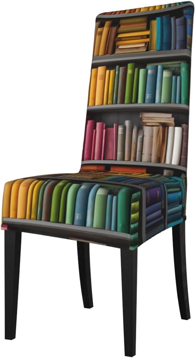 Colorful Bookshelves Prints Protection Cover for Dining Chair – Stretchy & Wrinkle-Resistant Chair Throw Covers for Dining Room, Hotel, and Event Decor