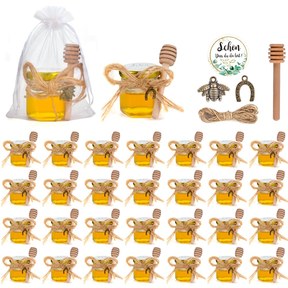 30 Pack 45ml Petits Pots, Mini Pots de Miel,Petites Boites avec Cuillères et Petites Abeilles,Verrine avec Couvercle,Confitures Pot pour Baptême, Cadeau Invites Mariage et Fêtes
