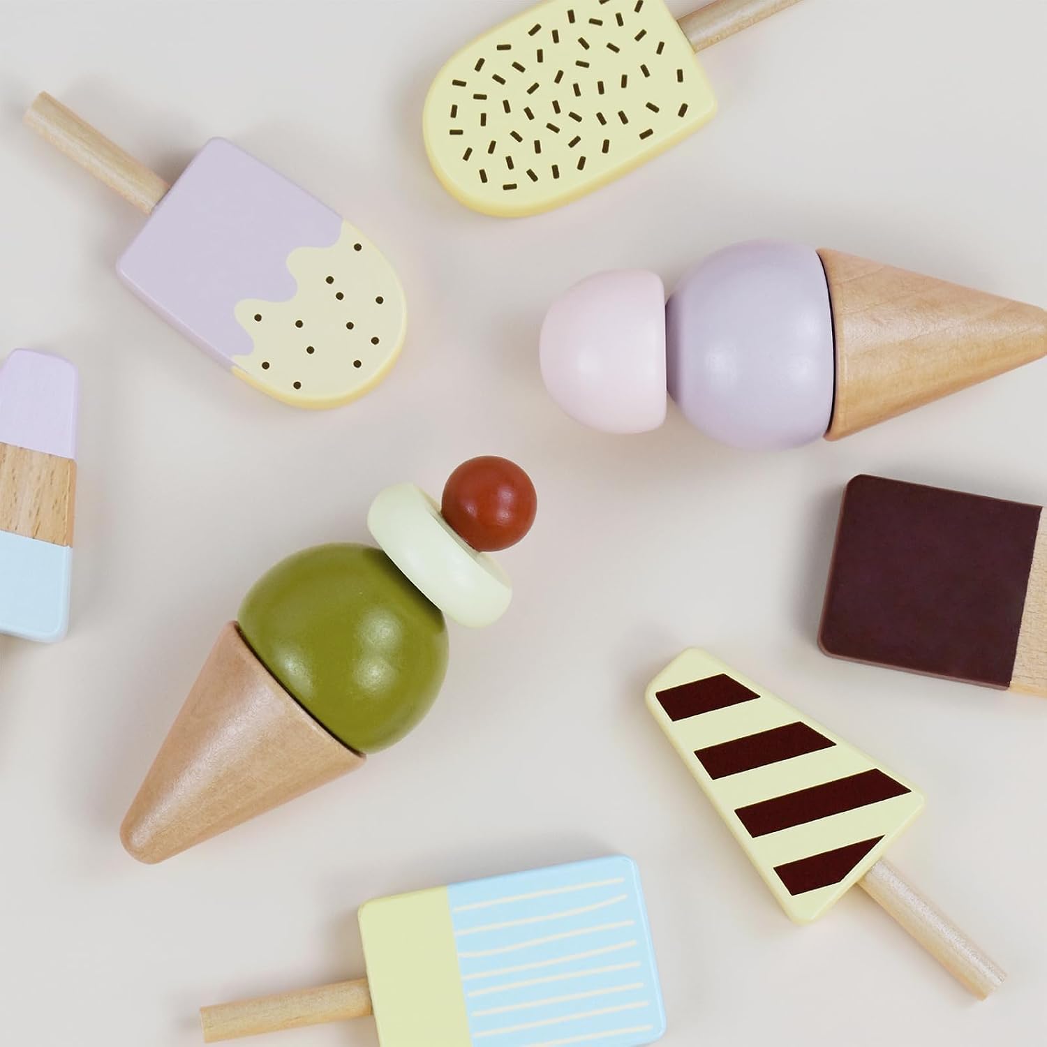 Pillowhale Wooden Ice Cream Play Set for Kids – 24 PCS Pretend Ice Cream Toy Counter with Cones, Popsicles, Toppings, Sauces & Spoons – Wooden Play Food Toys, Role Kitchen Accessories for Toddlers 3-5