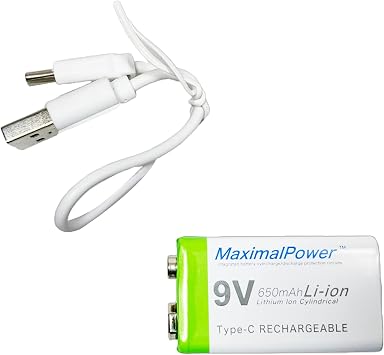 MaximalPower 9V Rechargeable Li-ion Battery 650mAh w/USB Type-C Charging Cord | for Smoke Detectors, Digital Alarm, Guitar Pedals, Radios, etc. 1x 9V Battery 650mAh & Charging Cable