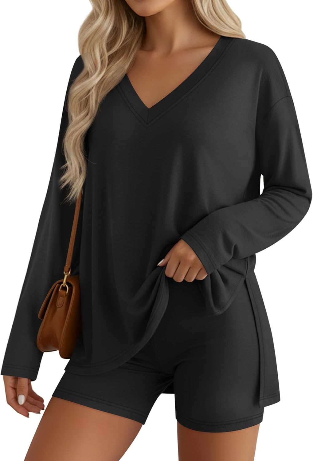 Women's 2 Piece Lounge Sets Oversized V Neck Pajamas Long Sleeve Workout Biker Shorts Side Split Tops Fall