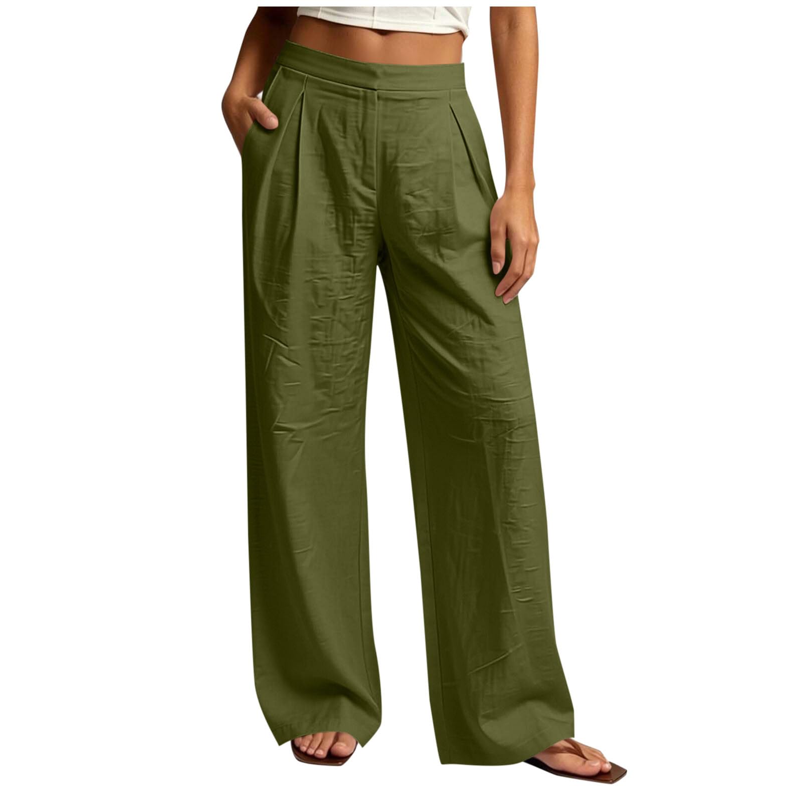 Générique Pantalon Fluide À Taille Haute pour Femme avec Poches Et Fermeture - Pantalons Large Style Athleisure, Coupe Droite, Idéal comme Pantalon Décontracté pour Les Sorties D'Été