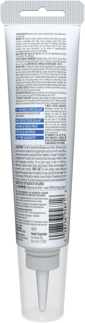 Back of GE Silicone II Sealant tube with safety warnings and instructions