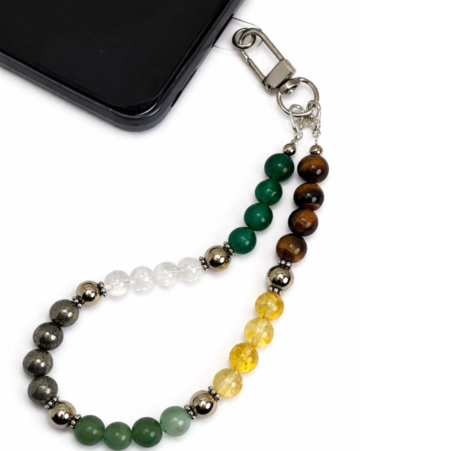 Dhanyog Mobile Hand Wrist Strap | Wealth & Success Crystal Phone Charm | Citrine, Pyrite, Tiger Eye & Green Aventurine | Attract Money, Confidence & Protection | Unisex Lucky Crystal Mobile Strap Keychain String for Cell Phone Case Holder Compatible with Keys, Cameras & ID, USB-image-23