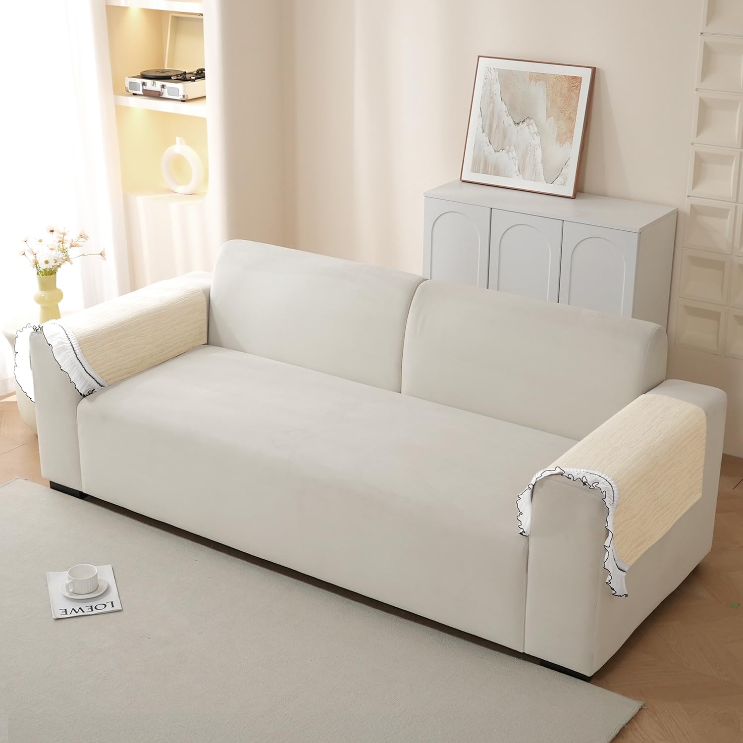 HOKIPO 'French Lace & Luxe' Anti-Slip Sofa Armrest Covers | Elegant Curved Lace Design | 1 Pair - Moonstone Beige (AR-6128-BGE*2)-picture-21