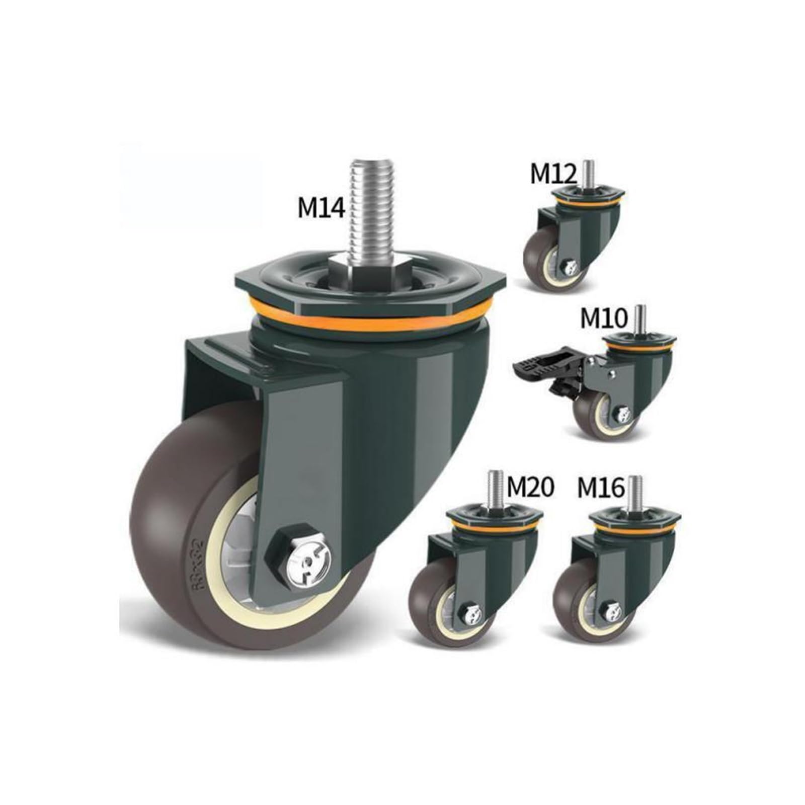 Rueda Universal de Tornillo M10/M12/M14/M16/M20 5 Pulgadas, con Freno, Eje Goma, polea giratoria, máquina silenciosa, Carga única, 150KG, 1 ud