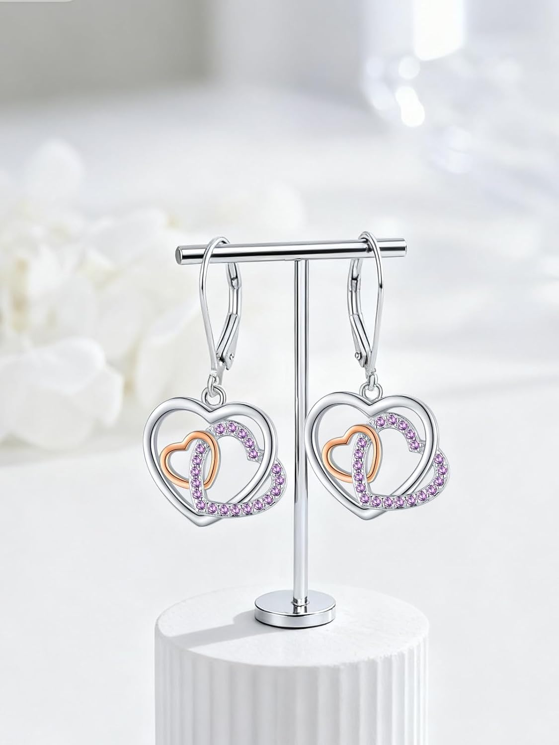 Birthstone Drop Earring 925 Sterling Silver Heart Dangle Earrings Double Heart Jewelry Gifts for Women Valentine's Day - Image 6